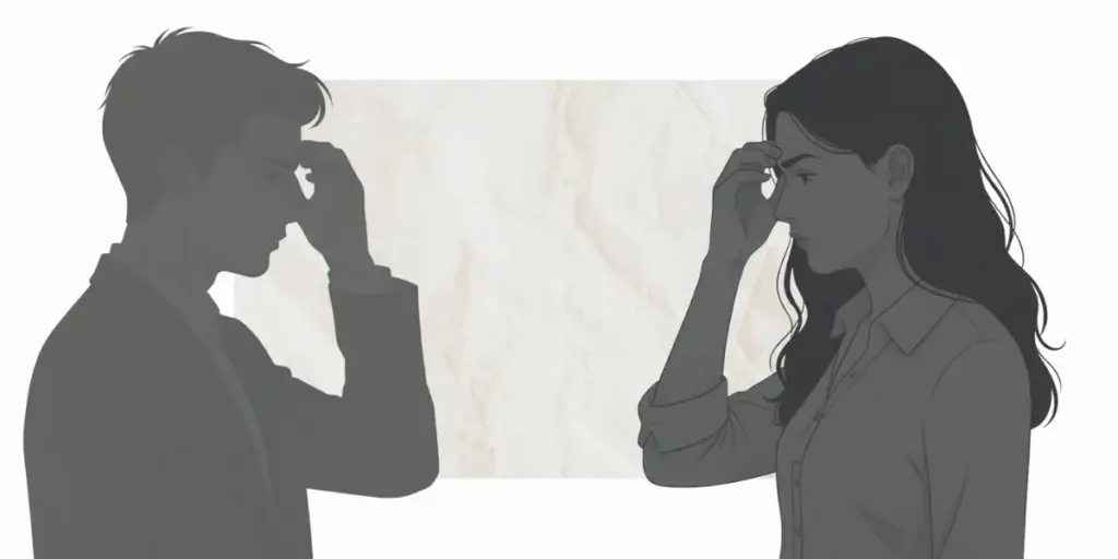 向かい合って額に手を当てる男女二人のシルエットイラスト