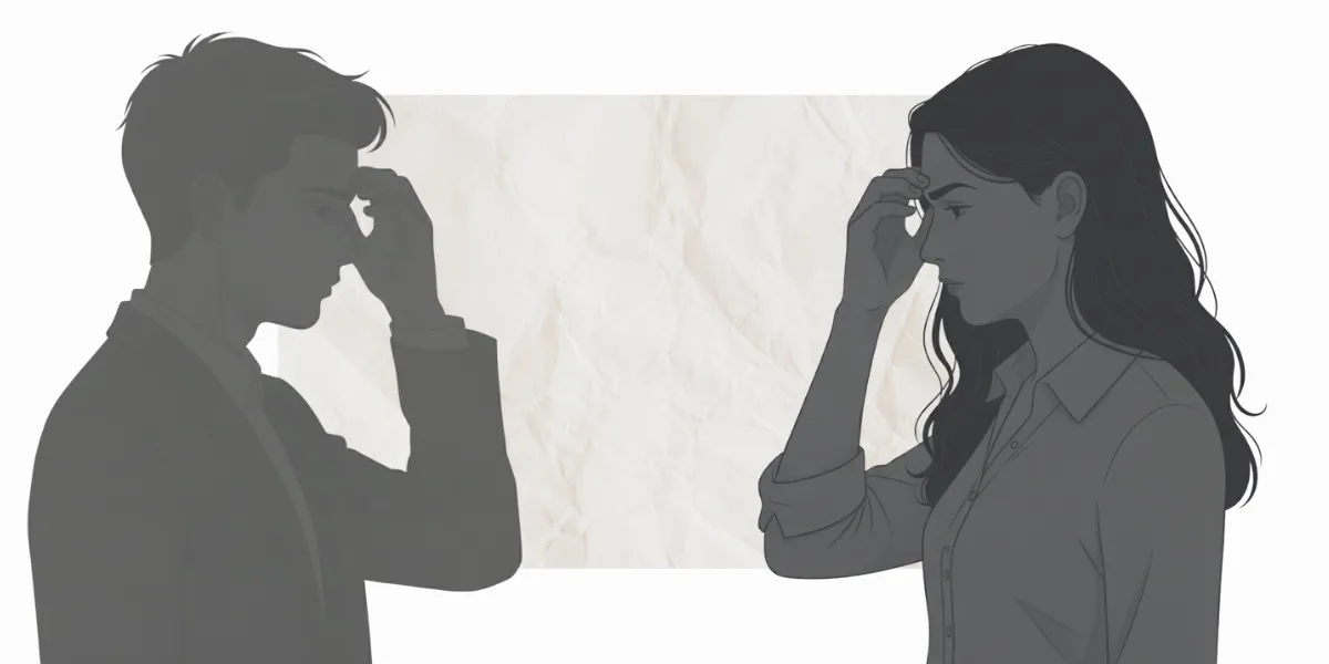 向かい合って額に手を当てる男女二人のシルエットイラスト