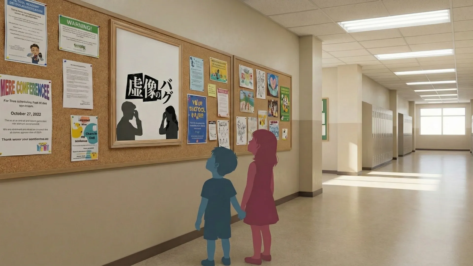 掲示板に貼られた「虚像のバグ」というポスターを、二人の子どもが廊下で見上げている場面