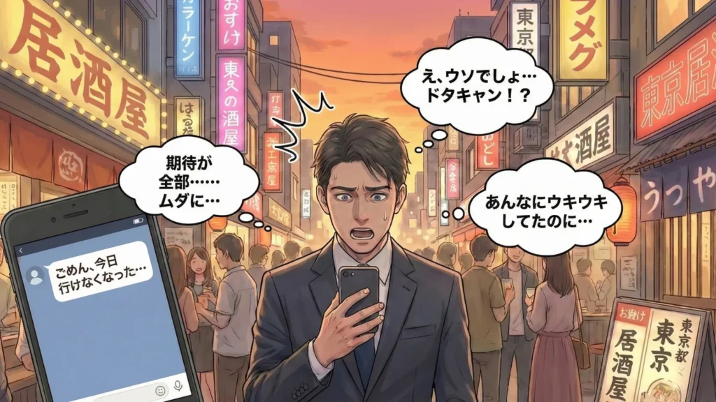 約束がキャンセルされたメッセージを見て、繁華街の中で動揺し立ち尽くす人物のイラスト