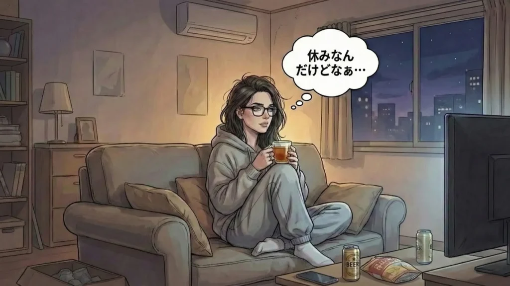 夜の部屋でソファに座り、飲み物を手に静かに過ごす女性。外の夜景を背に、一人でいる時間の中で考え事をしている様子。