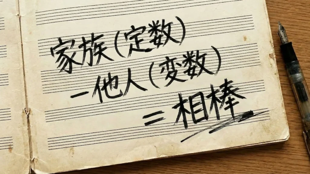 五線譜が印刷されたノートに「家族（定数）−他人（変数）＝相棒」と手書きされた文字の写真