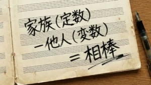 五線譜が印刷されたノートに「家族（定数）−他人（変数）＝相棒」と手書きされた文字の写真