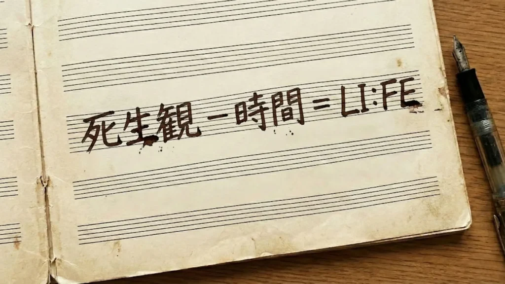 五線譜が印刷されたノートに「死生観 − 時間 ＝ LI:FE」と手書きされた文字の写真