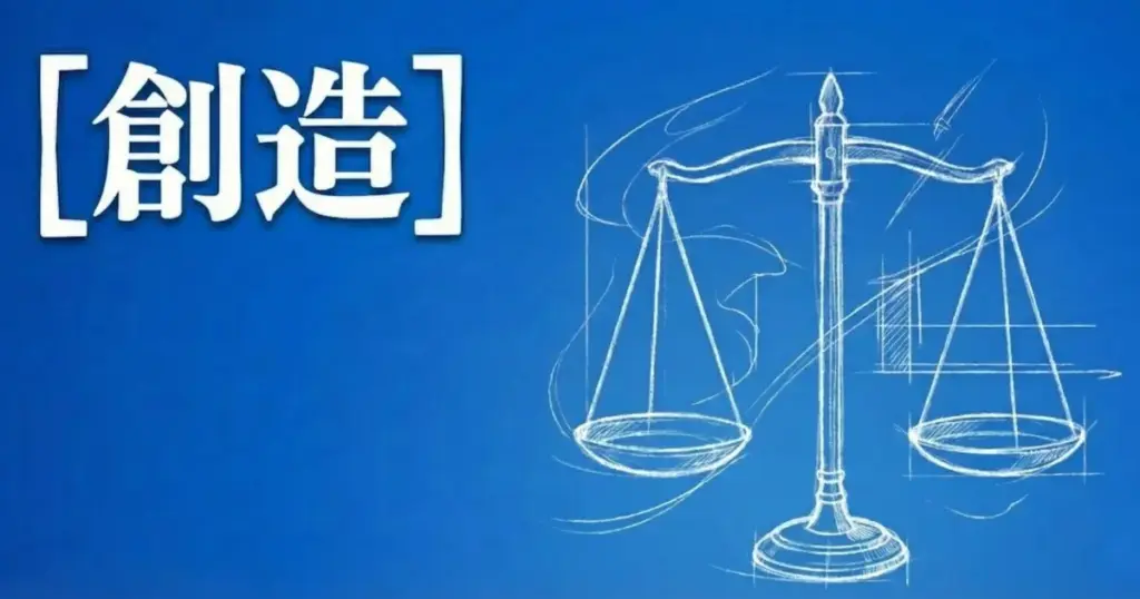 「創造」という文字と、設計図のような線で描かれた天秤のイラストを配置したアイキャッチ画像」