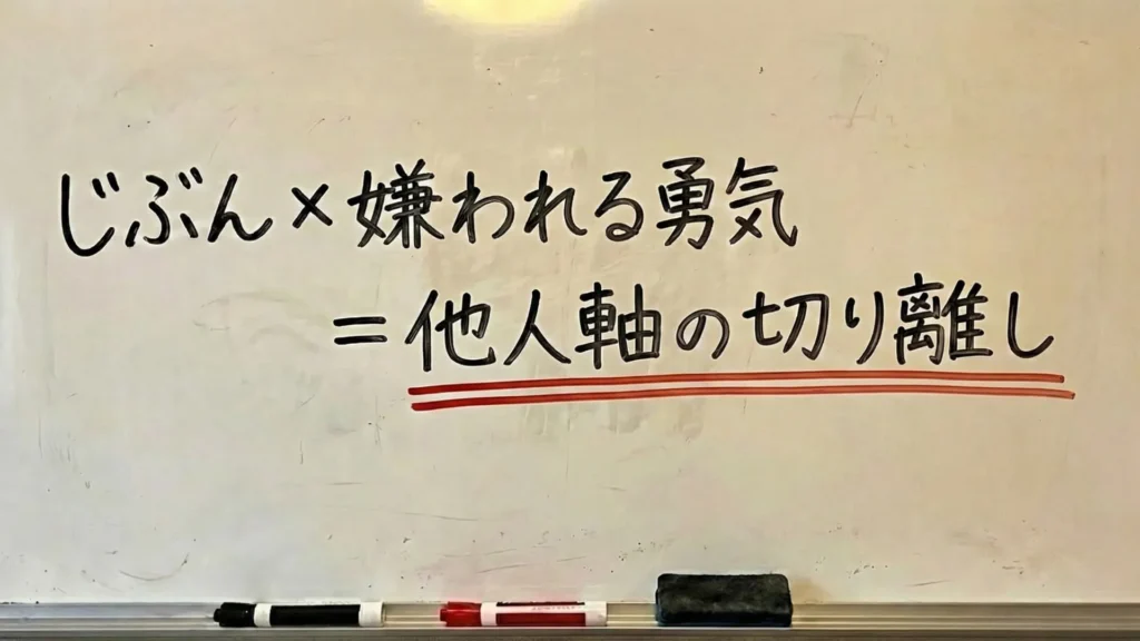 「じぶん×嫌われる勇気＝他人軸の切り離し」と書かれたホワイトボードの板書