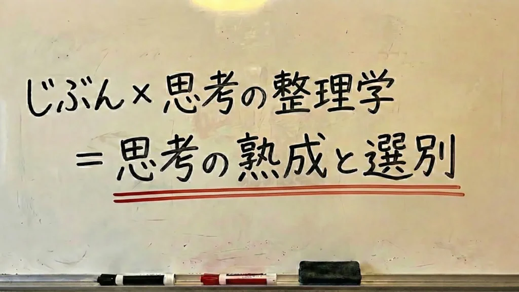 「じぶん×思考の整理学＝思考の熟成と選別」と書かれたホワイトボードの板書