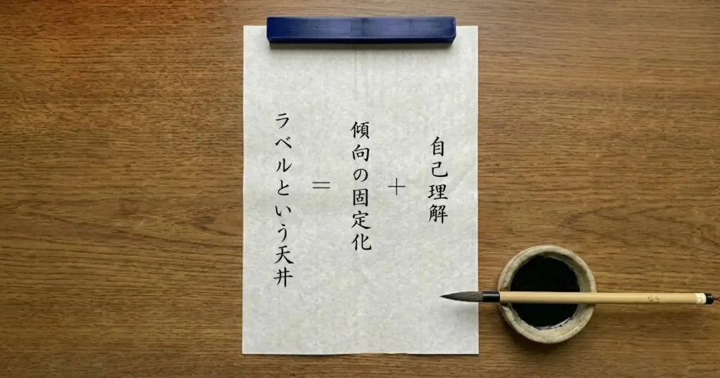 自己理解と傾向の固定化を足すとラベルという天井になることを示した書道スタイルの数式画像