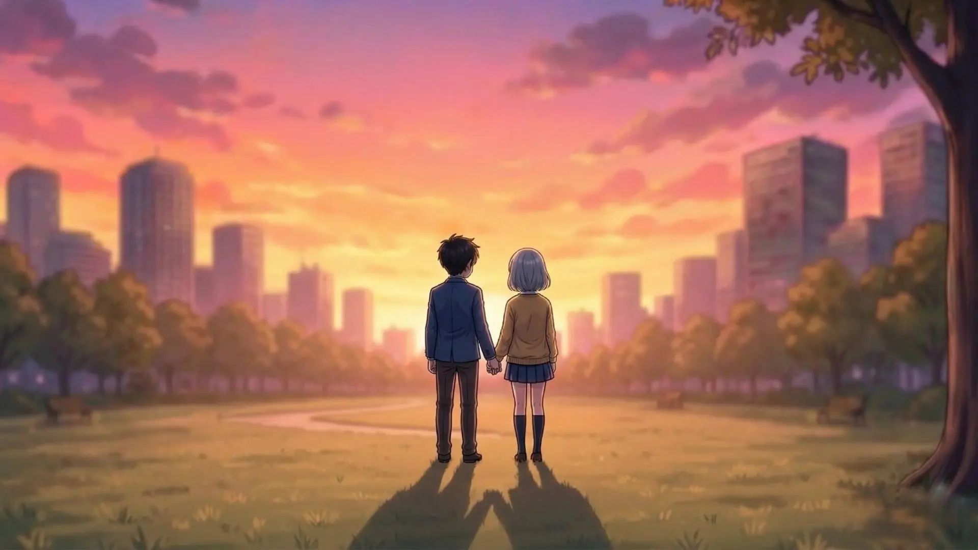 ??のバグ｜夕暮れの公園で手をつなぐ二人の後ろ姿