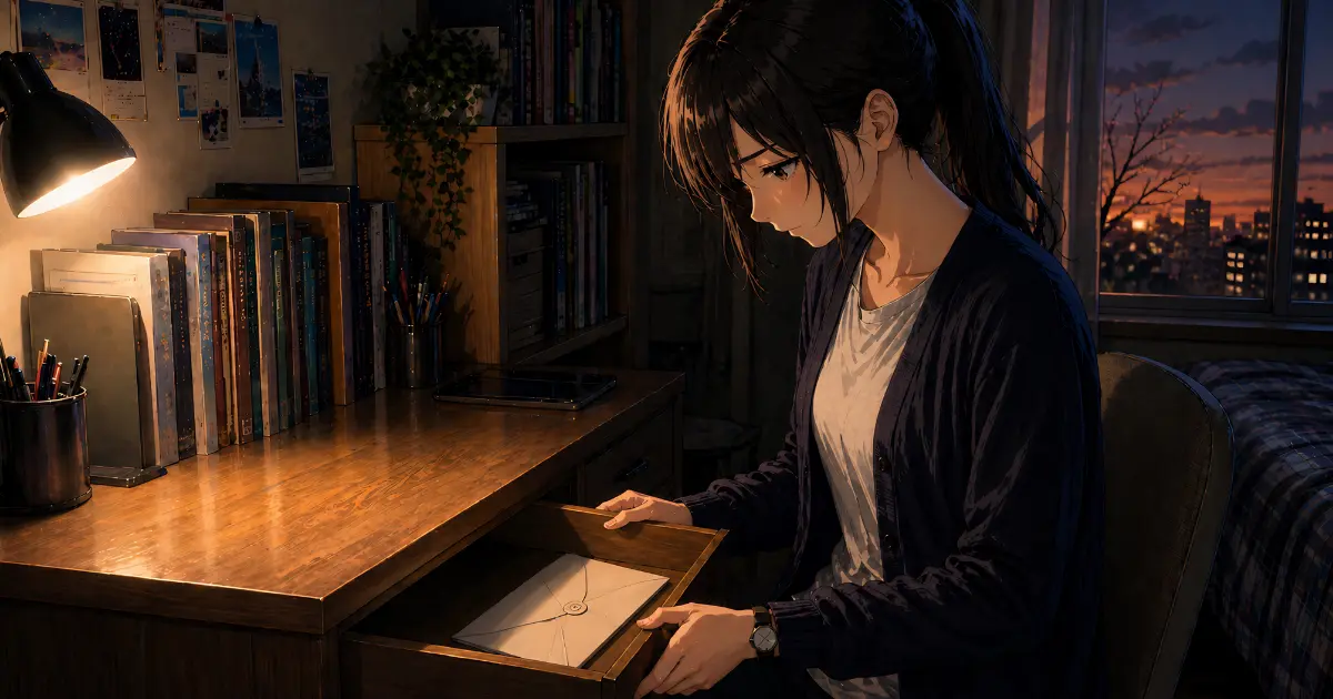 十月の終わり。真弓の部屋。机の上に、白い封筒がある。封筒の宛名は、書かれていない。引き出しの奥に、十八年、入っていたものだ。