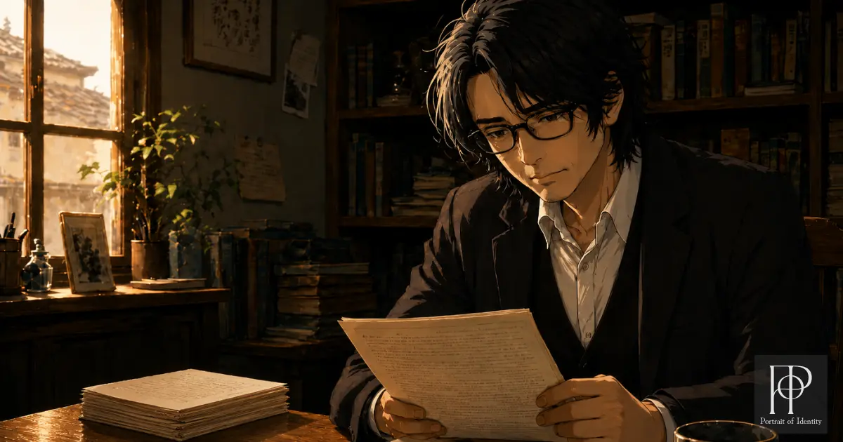 二〇二六年。桐生の机の上。誠から預かったノートと、桐生が書き上げた、原稿。原稿のタイトルは、Portrait of Identity。